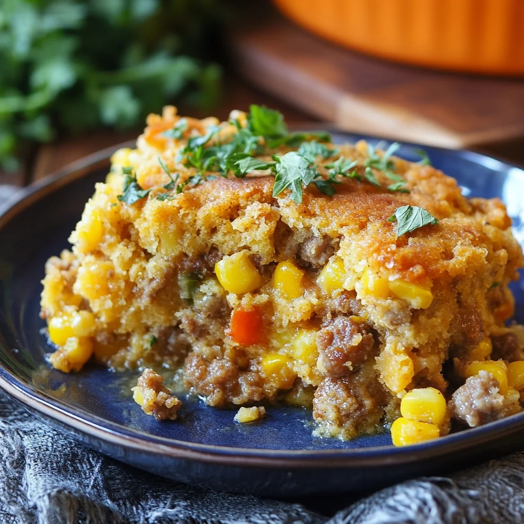 Cornbread and sausage casserole served in a baking dish with a golden crust.