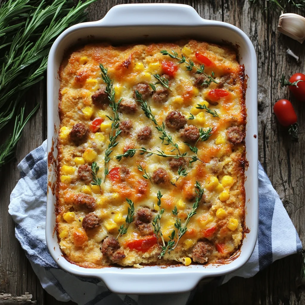 Cornbread and sausage casserole served in a baking dish with a golden crust.