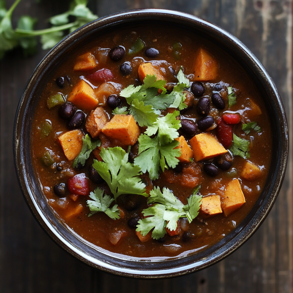 Bowl of Healthy Sweet Potato & Black Bean Chili garnished with fresh herbs