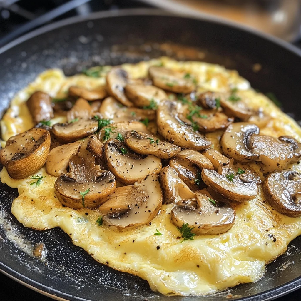 Fluffy mushroom and Swiss omelette served with fresh parsley and toast.