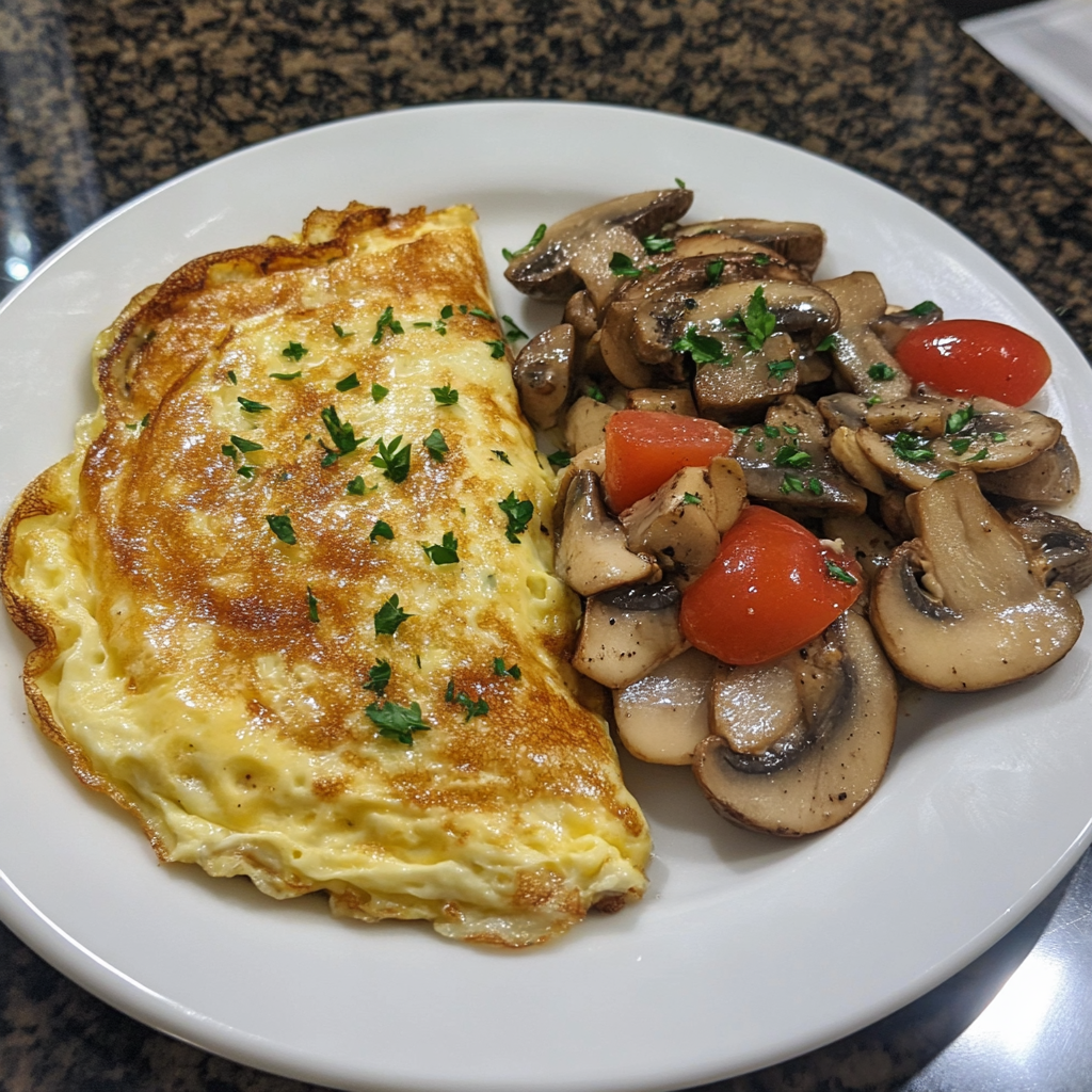 Fluffy mushroom and Swiss omelette served with fresh parsley and toast.