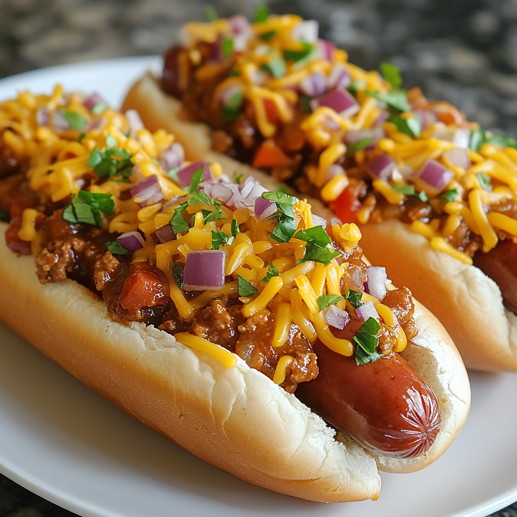 Turkey chili dogs topped with shredded cheese, onions, and jalapeños.