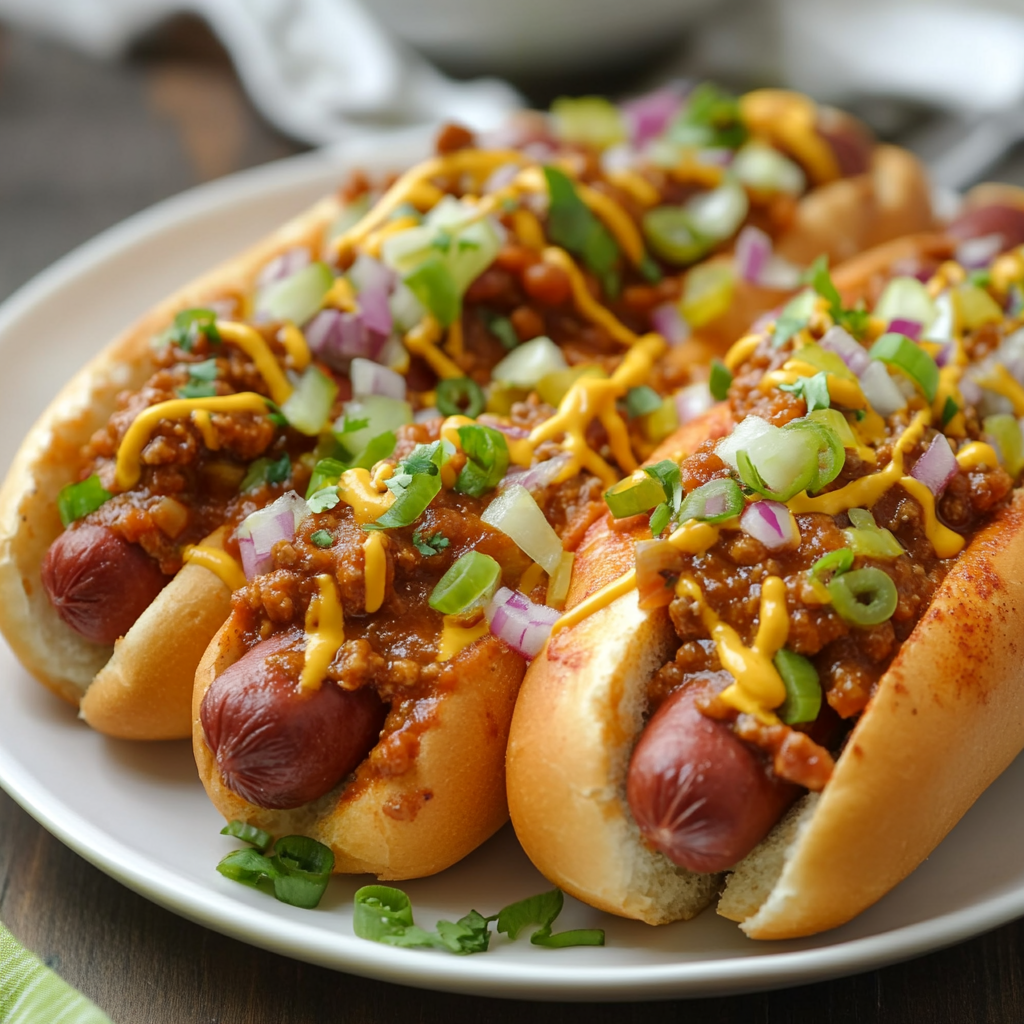 Turkey chili dogs topped with shredded cheese, onions, and jalapeños