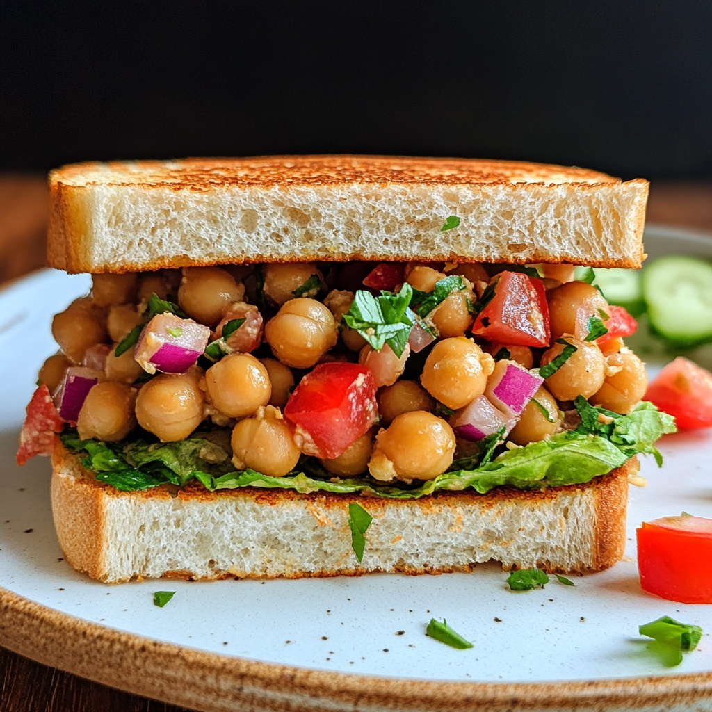 A delicious vegan chickpea salad sandwich on whole grain bread with lettuce and tomatoes