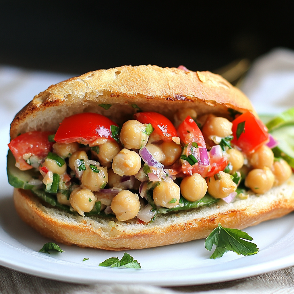 A delicious vegan chickpea salad sandwich on whole grain bread with lettuce and tomatoes